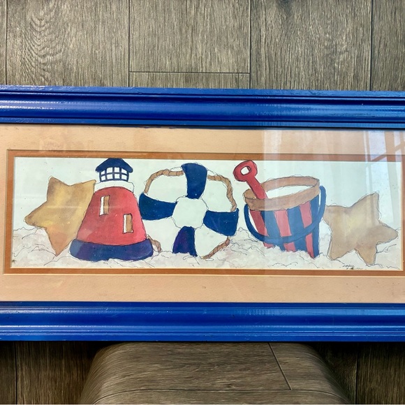 Signed Coastal Artwork in Hand-Painted Blue Wood FrameNautical Décor